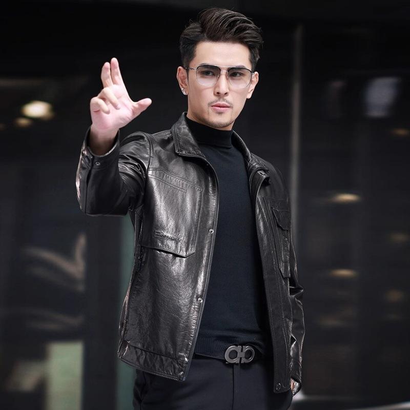 Genuine leather jacket men's autumn and winter first layer cowhide lapel middle-aged men's autumn men's leather jacket