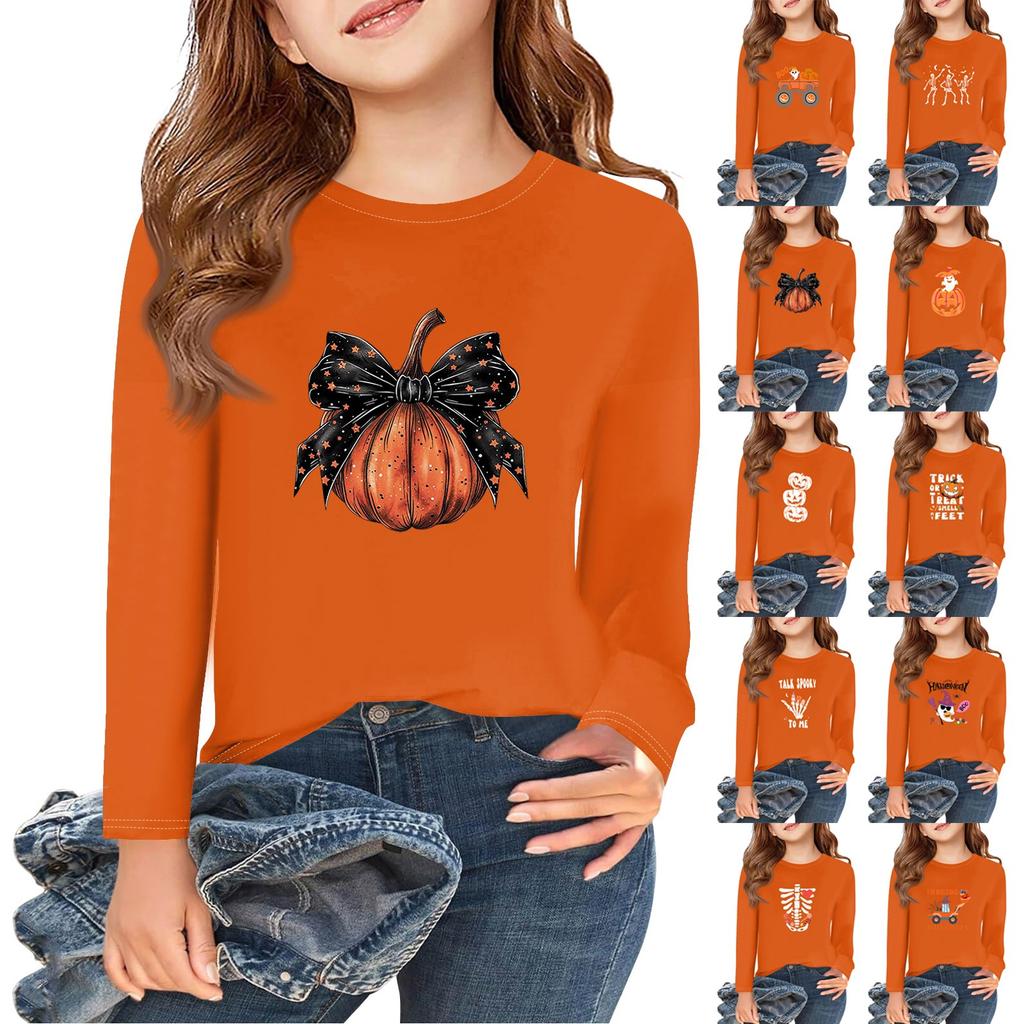 Girls Long Sleeve Halloween Day T Shirts Kids Fall Tops Crewneck Basic Tees 2-11Y