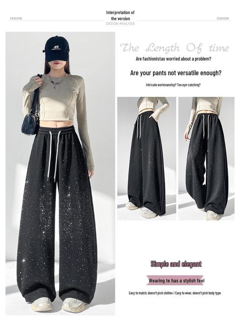 Pantalon de survêtement décontracté large à jambes évasées pour femme, résistant, avec strass, pour le printemps et l'automne