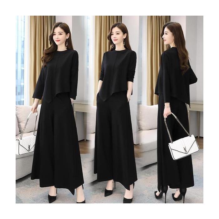 

Женский осенне-весенний комплект с широкими брюками - Не старящий, Скрывающий живот, Стильный, Повседневный костюм-двойка юбка-брюки 4XL (approx. 70-77.5 kg) чёрный