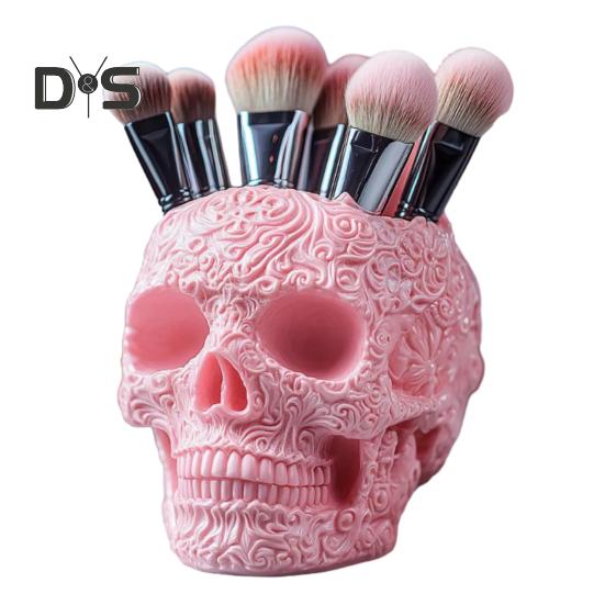 

Держатель для кистей для макияжа в форме черепа, большой контейнер для кистей для макияжа, прочная конструкция из смолы, органайзер для хранения розовый