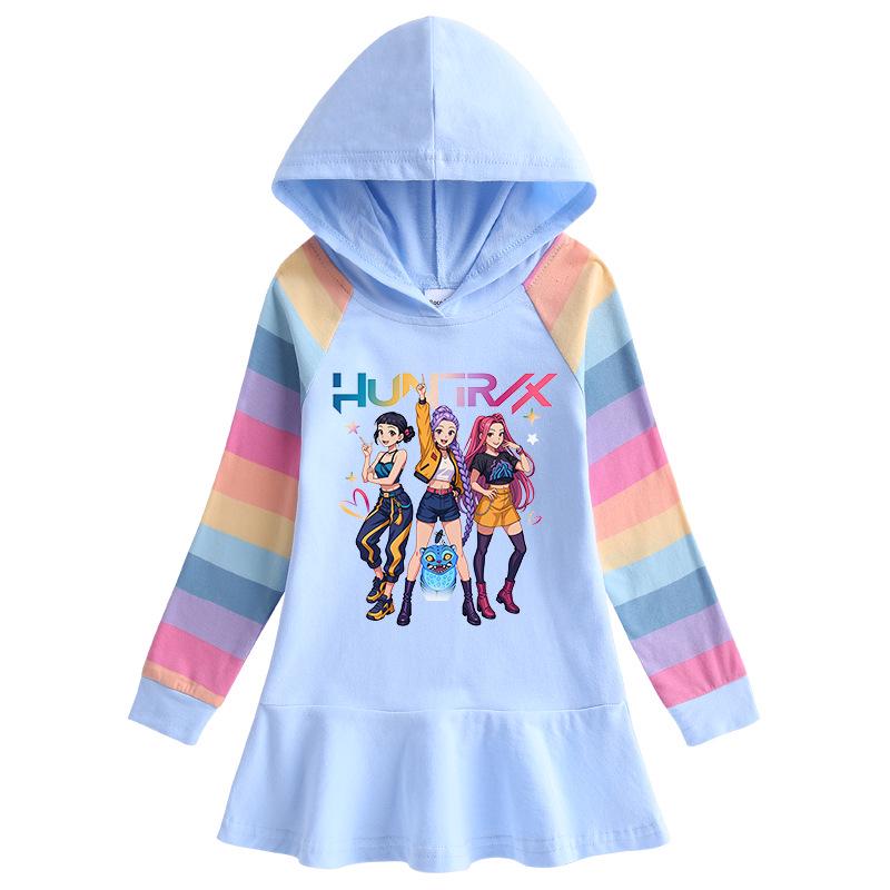 Kpop Monster Hunter Girl Group Ruffle Cartoon Rainbow Long Sleeve Hooded Princess Dress for Kids