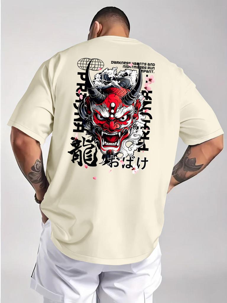 Men's Japanese Oni Demon Back Print T-shirt with Emphasis On Heavyweight Cotton Routine Fits Crew Neck T-shirt Cosplay Tops