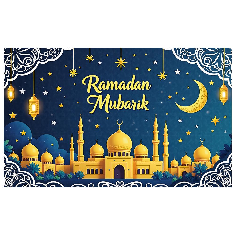 Crescent Moon Banner Blue Background Ramadan Mubarak Banner Ramadan Party Polyester Material Islamic Decoration For Holiday
