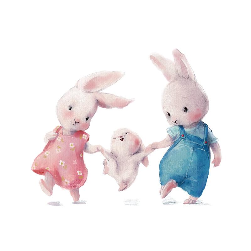 Cute Cartoon Bunny Family Wall Stickers, Ins Style Self-Adhesive Decor for Kids Room Kindergarten Decoration