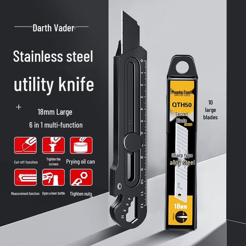 Maeda Schwerlast schwarzes Edelstahl-Utility-Messer: 6-in-1 Tapeten- und Paketmesser in Industriequalität