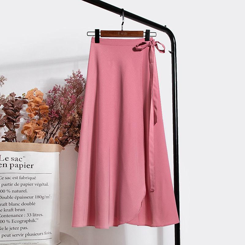 Summer Design One Piece Skitts Women High Waist Elegant Lace Up Chiffon Skirt Solid Color Thin Mid Length A-line Fallas