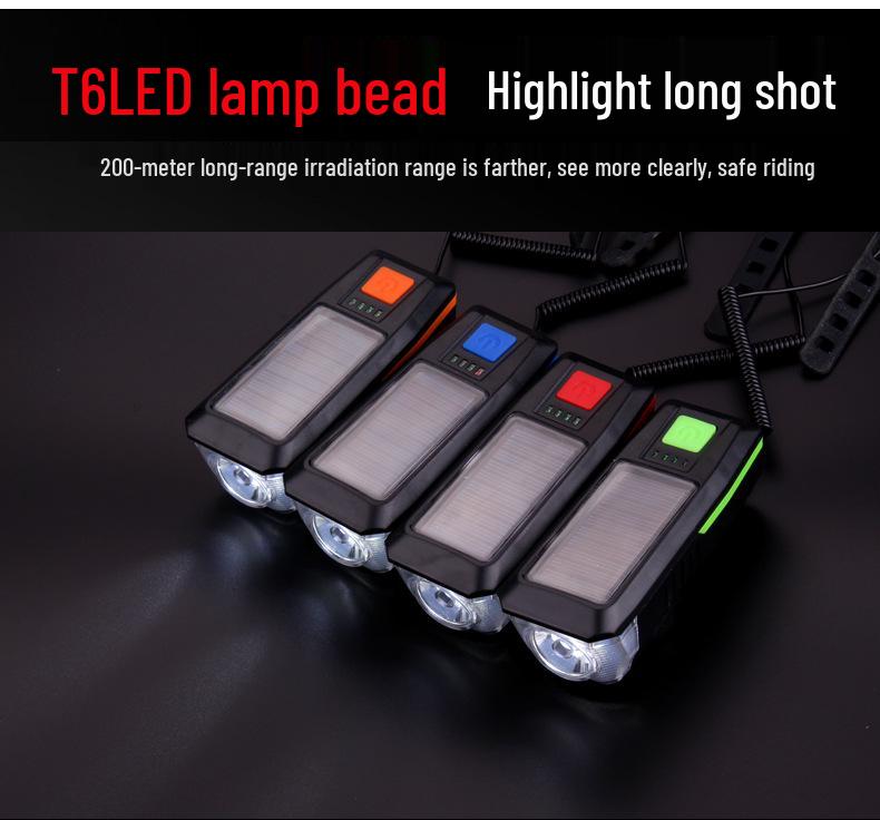 USB Rechargeable Solar Bicycle Headlight with Horn for Night Riding