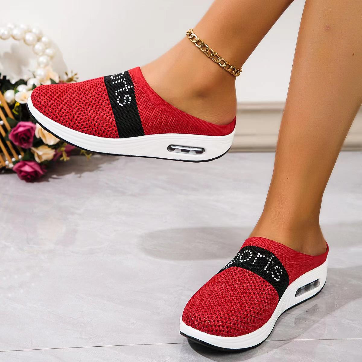 

Women s Summer Women s Flying Woven Slippers Wedge Air Cushion Casual Half Support Breathable Casual Shoes 43 красный
