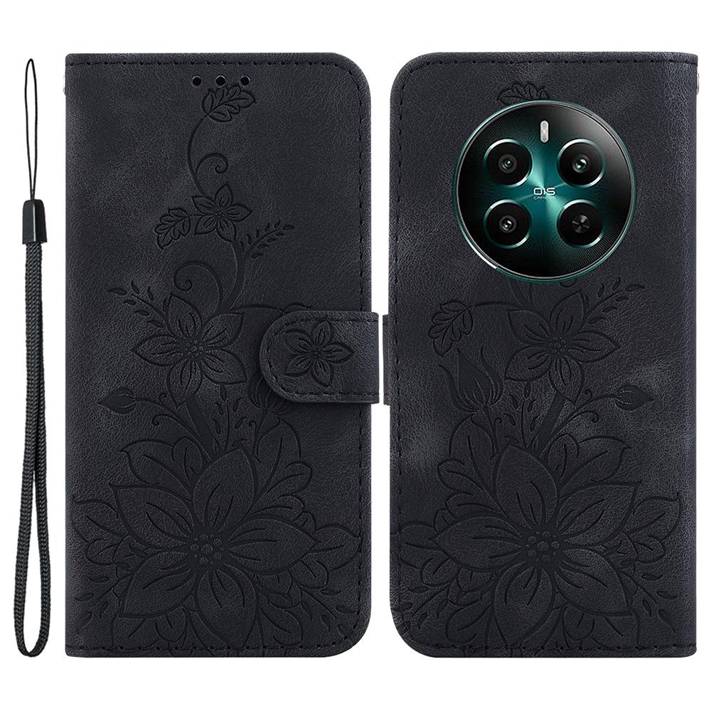 Etui dla Realme 12 4G/12+ 5G/Narzo 70 Pro 5G PU Skóra Uchwyt na Karty Wytłaczany Kwiat Pokrowiec na Telefon