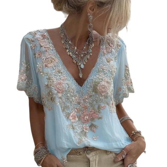 Women T-shirt V-Neck Short Sleeve 3D Imitation Jacquard Flower Decor Pullover Tops Loose Fit Summer Blouse Daily Wear