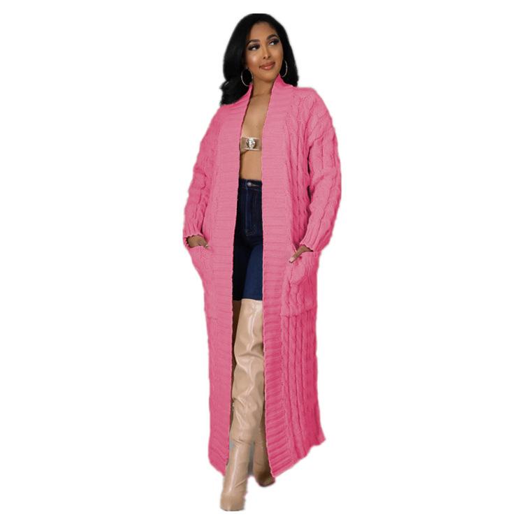 Nový volný pletený kardigan na podzim a zimu s ležérním stylem, velkou velikostí kapes a dlouhým krouceným svetrovým kabátem pro ženy