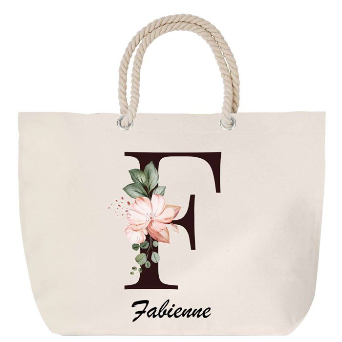 Sac de plage - PLANETEE - Fabienne - Motif Lettre Fleur - Anse corde - Grand format