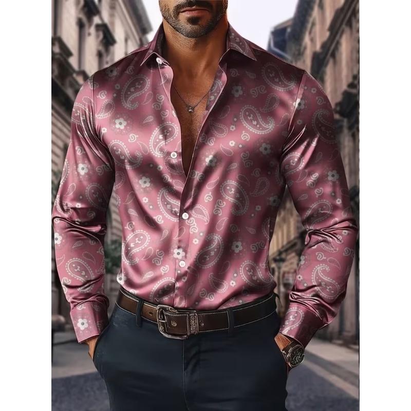 New Heart-shaped Rolled Grass Cross Partial Printed Long Sleeved Shirt with a Smooth Drape and Satin Lapel for Men