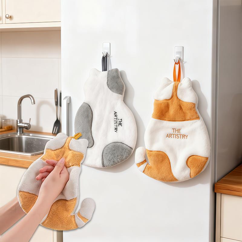 Cat Hand Towels, Bathroom Towels with Hanging Loop, Hand Towel Animals, Microfiber Coral Fleece Absorbent Hand Towel