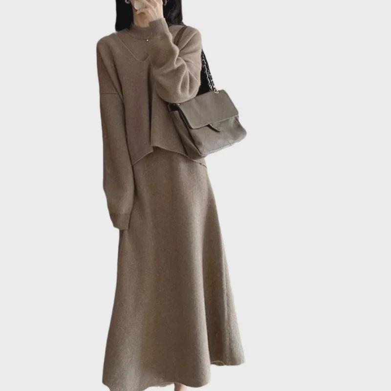 2024 Winter Fashion: V-Neck Long Sleeve Knit Sweater Dress & Casual Two-Piece Set