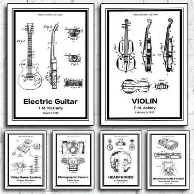 Vintage Musikinstrument Patente Poster Leinwand Malerei Gitarre Saxophon Boombox Videospiel Maschine Wand Kunst Zimmer Home Decor