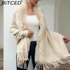 BITCED Fall/Winter Fringe Cape Shawl with Fur Collar Solid-Color Knit Sweater Jacket