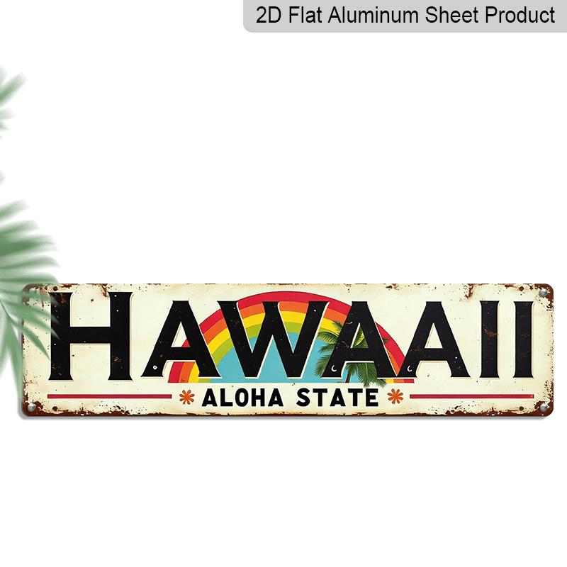 

2D Flat Vintage Hawaiian Aloha State Metal Sign - Rustic Tropical Paradise Alumium Decorative Sign Featuring A Rainbow and Palm Trees, Measuring 40cm x 10cm