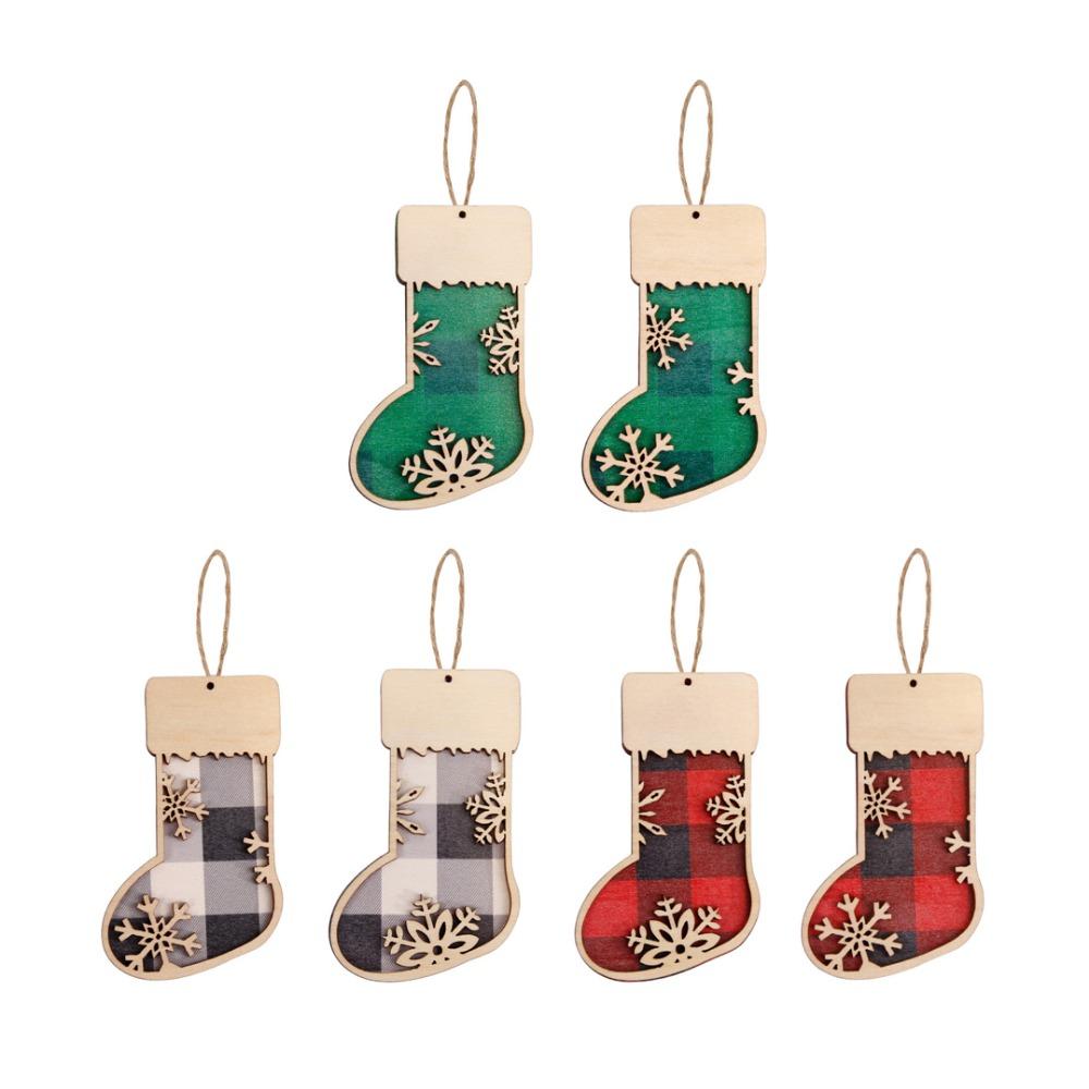 

6pcs/set Decorative Wooden Christmas Sock Pendant Simulation Hanging Xmas Stock Tags Fireplace Style A