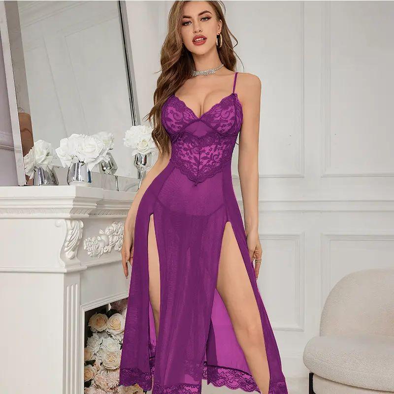 

European and American New Sexy Women Lace Mesh Split Long dress Home Wear Set Women Lace Sexy Suit Purplish red purple XXL