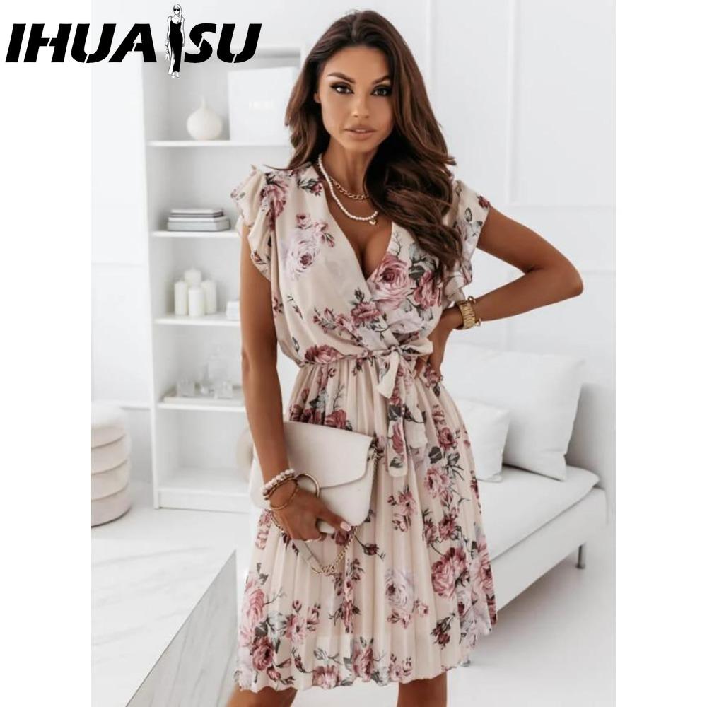 IHUASU Loose Summer Pleated Women Midi Dress V Neck High Waist Casual Dress