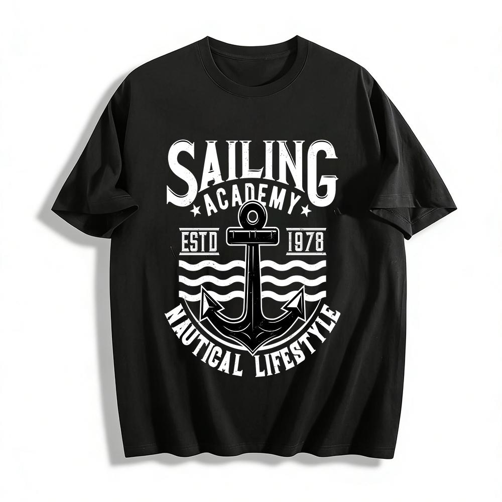 

Vintage Anchor Print Casual T-Shirt Unisex Loose Fit Basic Top Pure cotton T-shirt XXS