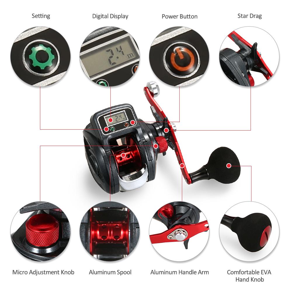 Electric Digital Display 16+1 Ball Bearing Left / Right Ice Fishing Reel Baitcasting Line Counter Reel 6.3:1 Casting Reel Gear