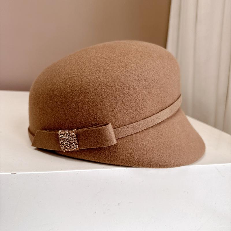 Französischer Promi-Reiterhut mit Strassschleife Herbst-Winter-Hut aus australischem Wollfilz Premium-Newsboy-Hut für den Außenbereich