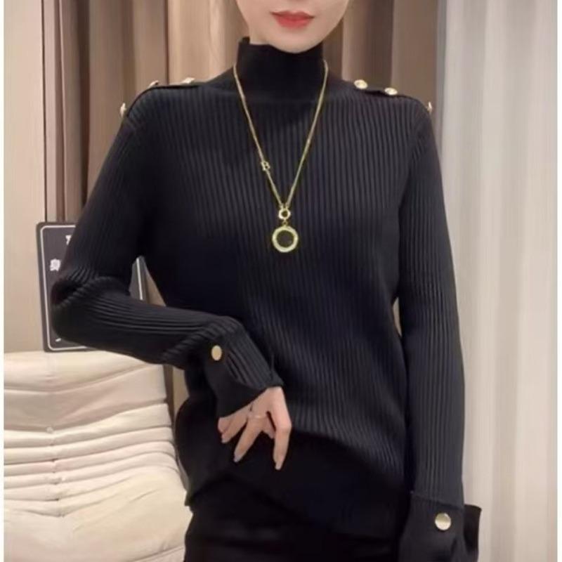 Весенне-осенне-зимний новый красивый свитер с полувысоким воротником и длинными рукавами облегающая вязаная базовая рубашка женский топ Average size 2480₽