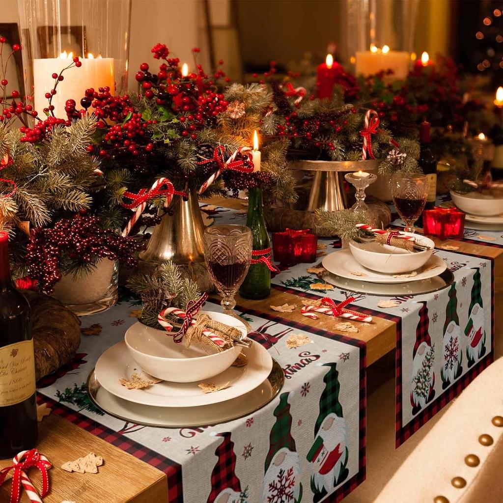 Merry Christmas Gnome Table Runner 70 Inches Long,Xmas Tree Elk Farmhouse Buffalo Plaid Table Runner,Winter Snowflakes Retro Linen Dresser Scarves