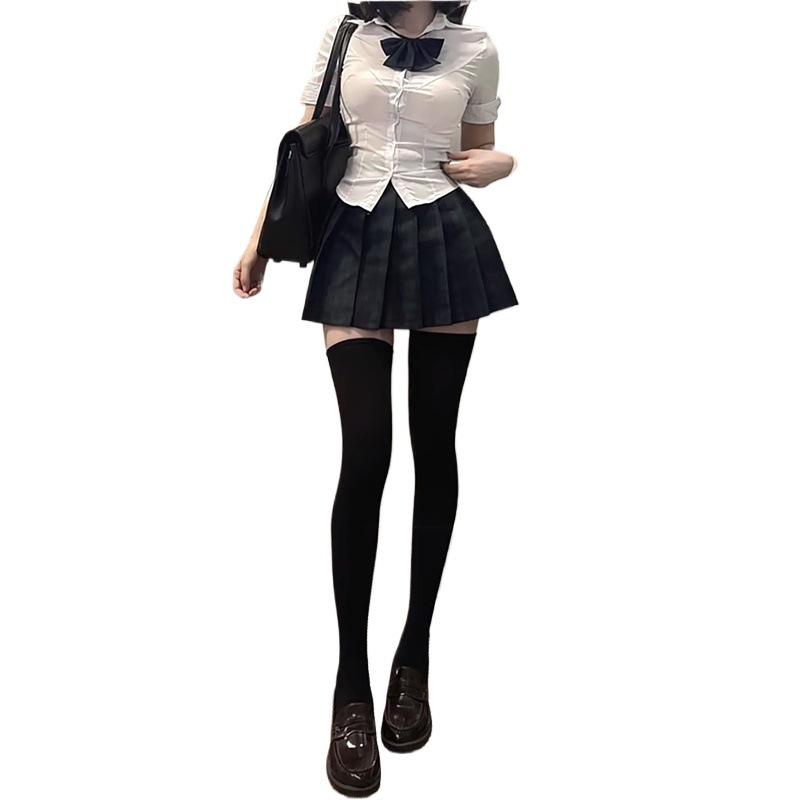 Stylish JK Uniform: Women's Slim Fit Short Sleeve Top & Black Pleated Skirt Set