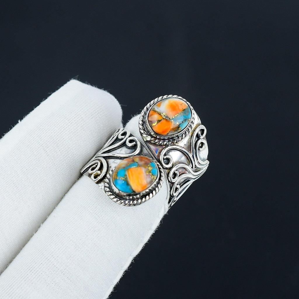 Natural Orange Spiny Oyster Adjustable 925 Sterling Silver Ring - Fits US Sizes 6 To 10 - Antique Handmade Boho Ring for Women & Men, Valentine Gifts