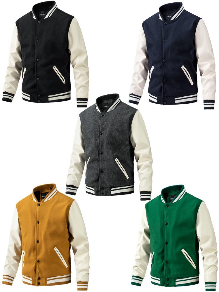 Men's Autumn/Winter Fashion Baseball Jacket - Wool & PU Sleeve Casual Outerwear