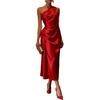 Women One Shoulder Satin Midi Dress Ruched Waist Elegant Wedding Guest Formal Evening Party Dress