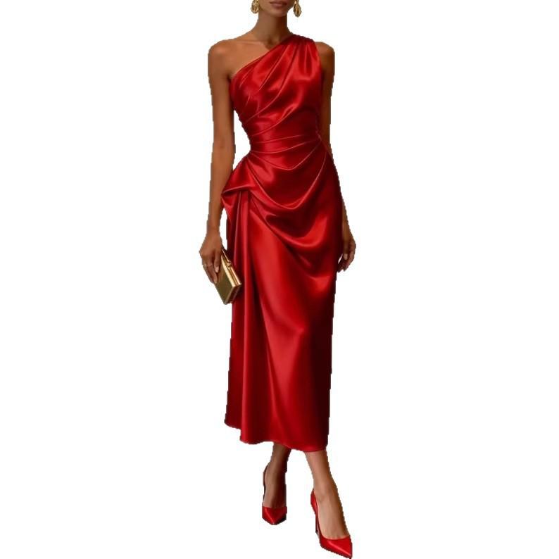 Women One Shoulder Satin Midi Dress Ruched Waist Elegant Wedding Guest Formal Evening Party Dress