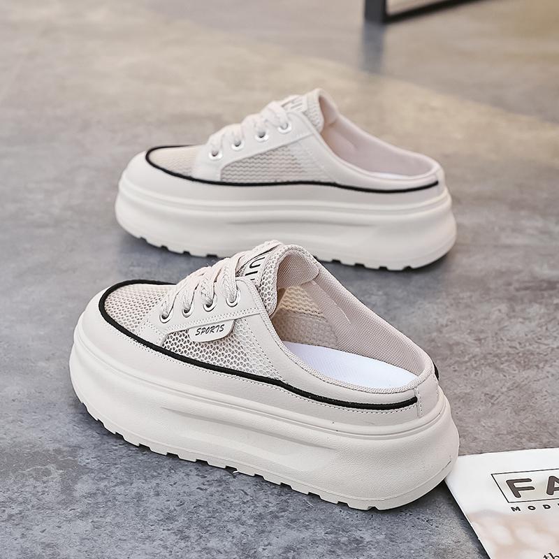 2025 summer half tray white shoes new Korean version ins female students platform mesh casual low-top lace-up slippers
