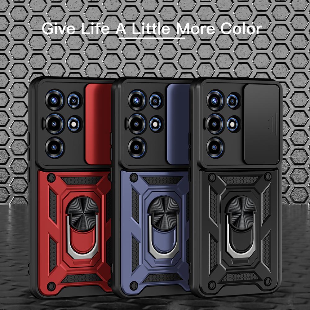 KEYSION Shockproof Armor Case for Itel SUPER 26 Ultra Slide Camera Lens Protection Ring Stand Phone Cover for Itel S26 Ulltra