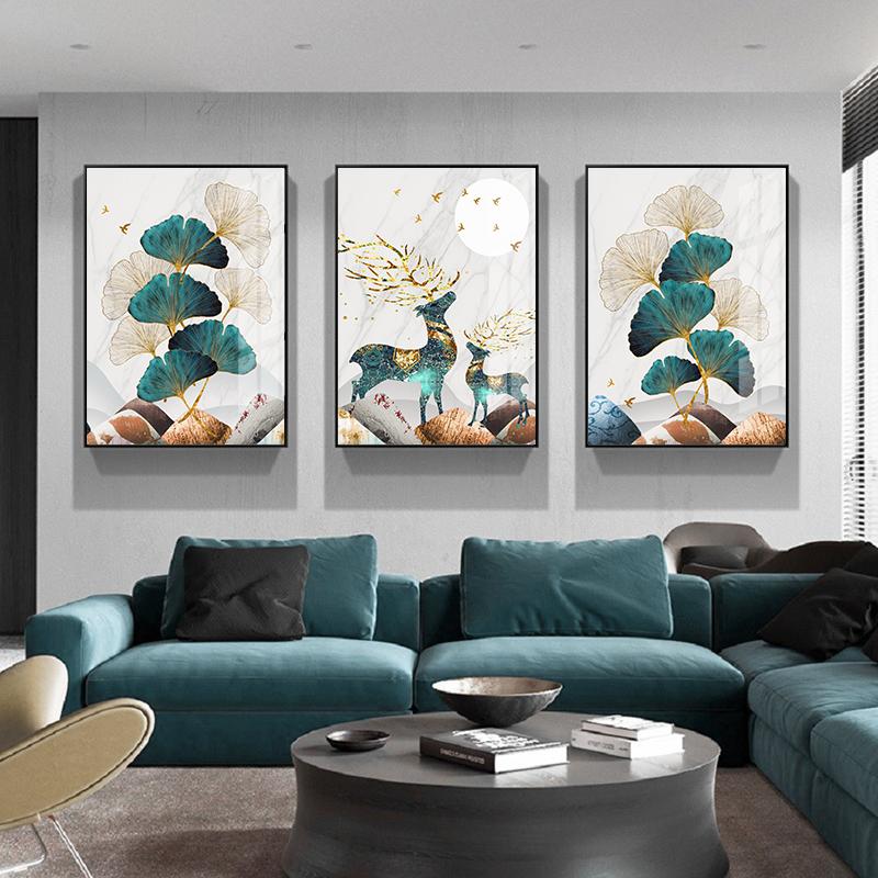 Golden Blue Leaves Bird Deer Poster Canvas Painting for Living Room Picture Home Decor Nordic Marble Abstract Wall Art Print