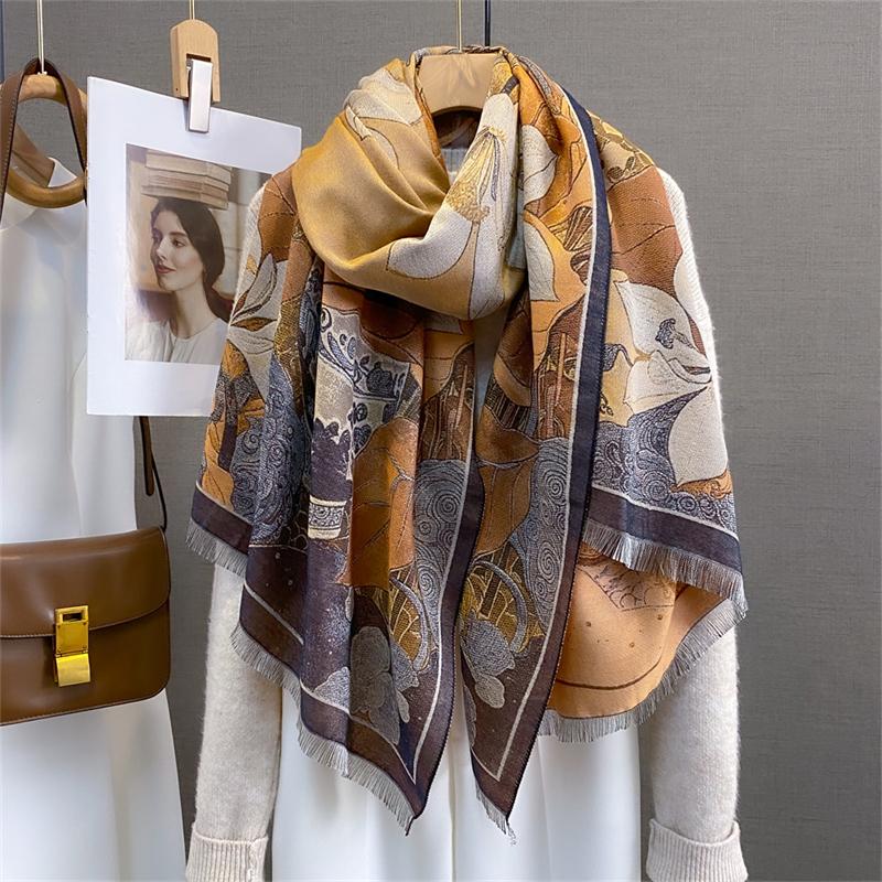 70*185cm Luxury Scarf Women Winter Warm Soft Shawls Faux Cashmere Painting Designer Thick Floral Wrap Poncho Pashmina Blanket