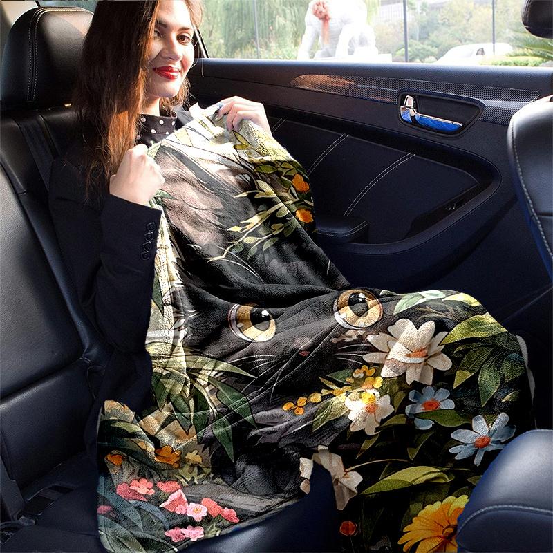 1pc Black Cat Flower Blanket  Soft & Cozy, Perfect Gift for Any Occasion,Living Room, Travel, Camping, Car Blankets