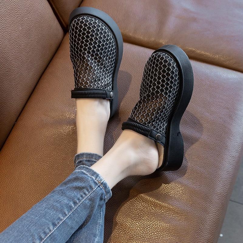 thick-soled sandals, one shoe for women, two summer breathable linen mesh shoes, bag head and half slippers, and embroidered mesh sandals