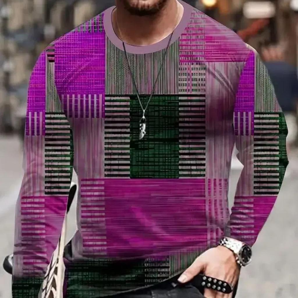 2024 Vintage Men's T-Shirt Color Block Long Sleeve 3D Clothing Print Harajuku Oversized Tops Men's Outdoor Jogging T-Shirt Tops