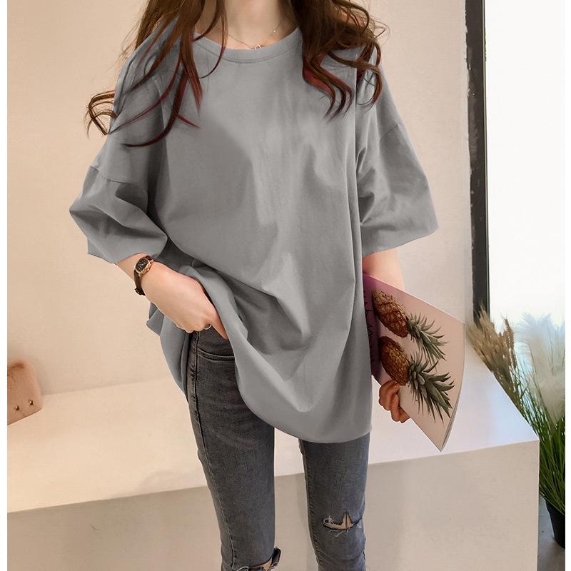 Large size T-shirt cartoon printing loose short-sleeved T-shirt women's medium and long outer wear loose solid color short-sleeved T-shirt women's top