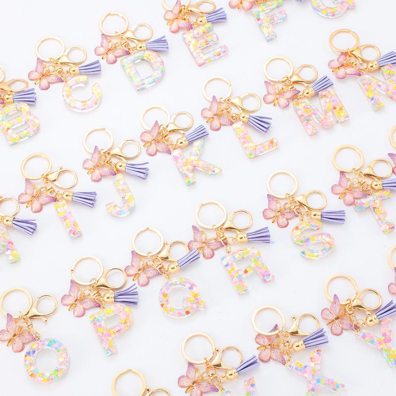 Light Purple Sequin Fringe Resin Keychain 26-Letter Accessory Classic Retro Durable Bag Charm Practical Gift For Friends And Family