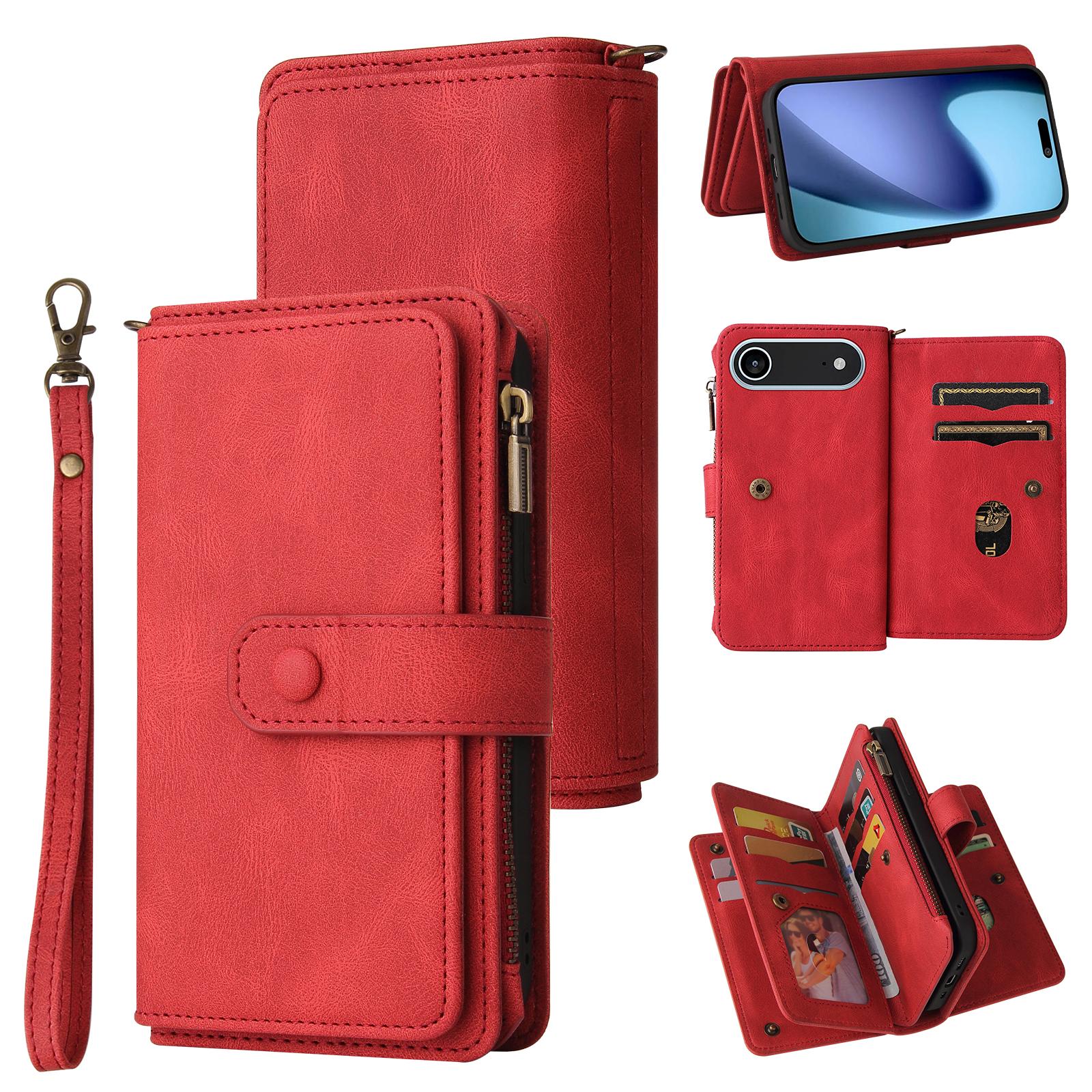 

For iPhone 17 Air Zipper Wallet Case with 15 Card Slots and Strap Leather Phone Cover Red