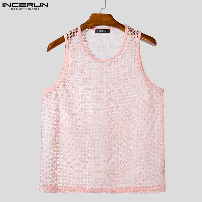 INCERUN Men O Neck Sleeveless Mesh Sheer Hollow Crochet Casual Beach Tank Tops