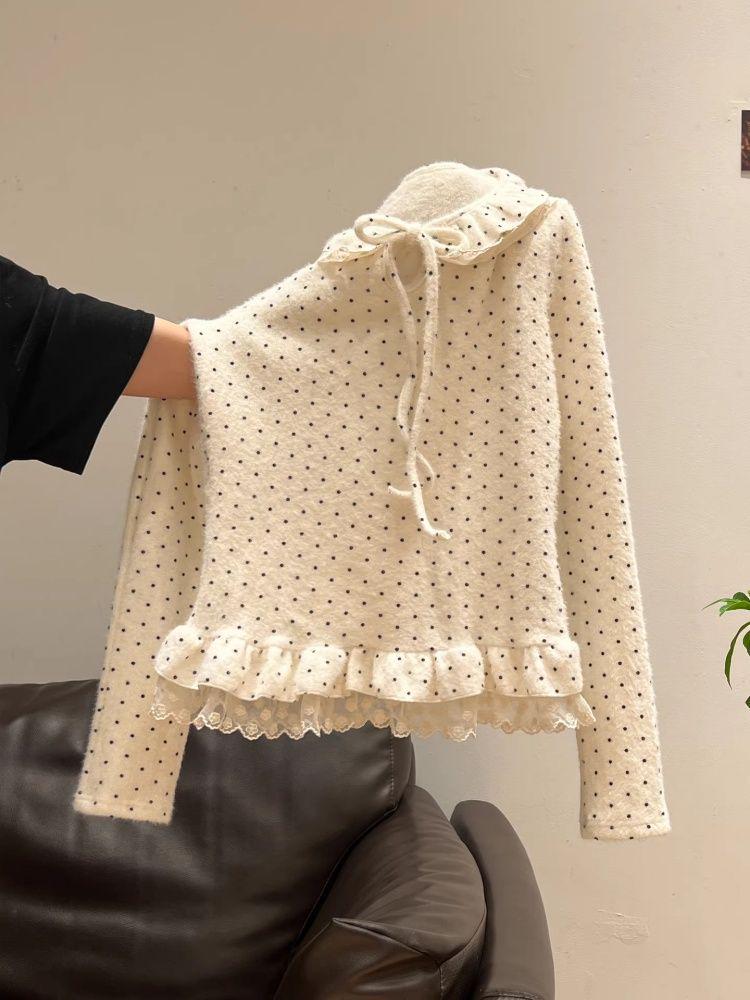 Stylish Slimming Velvet Polka Dot Long Sleeve Round Neck Top
