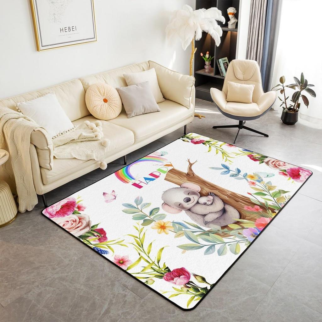 Cartoon Koala Area Rug Kawaii Wild Animal Carpet Flower Floor Mat for Bathroom Living Room Backyard Non Slip Entrance Doormat