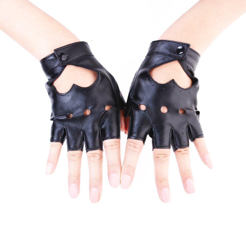 [JISEN] Sexy Women's Heart Cutout Punk Half-Finger PU Leather Performance Gloves, One Size, Black